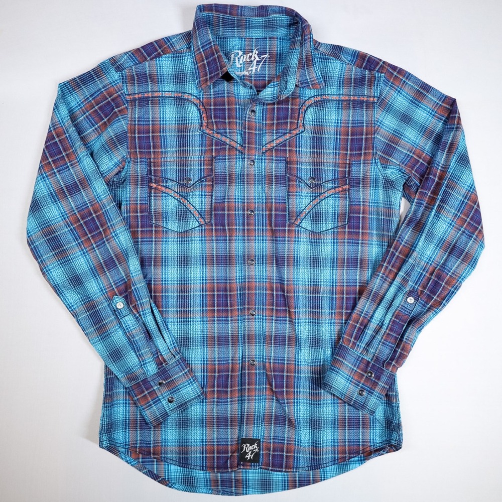 Rock 47 Wrangler‎ Western Shirt Mens SM Blue Plaid Pearl Snap Cowboy Long Sleeve